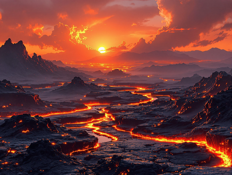 Sunset Over Lava Rivers and Volcanic Mountains Poster Art Print