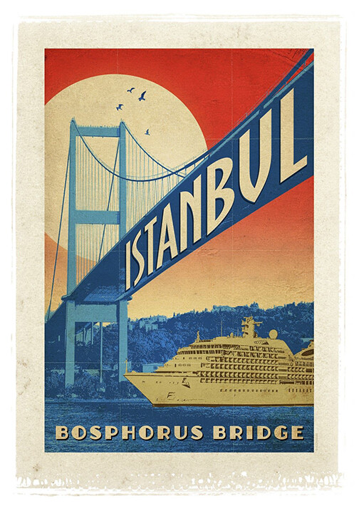 Istanbul Bosphorus Bridge Vintage Travel Poster