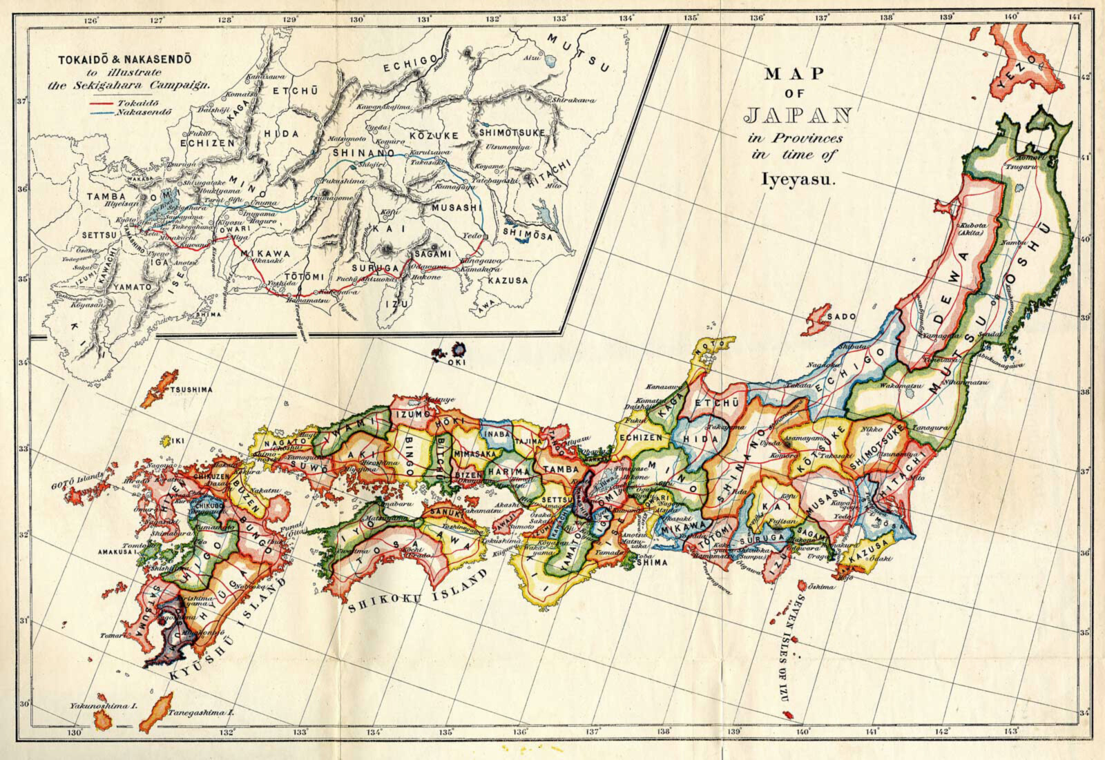1903 Map of Japan in Provinces in the time of Iyeyasu / Ieyasu Wall Art Poster