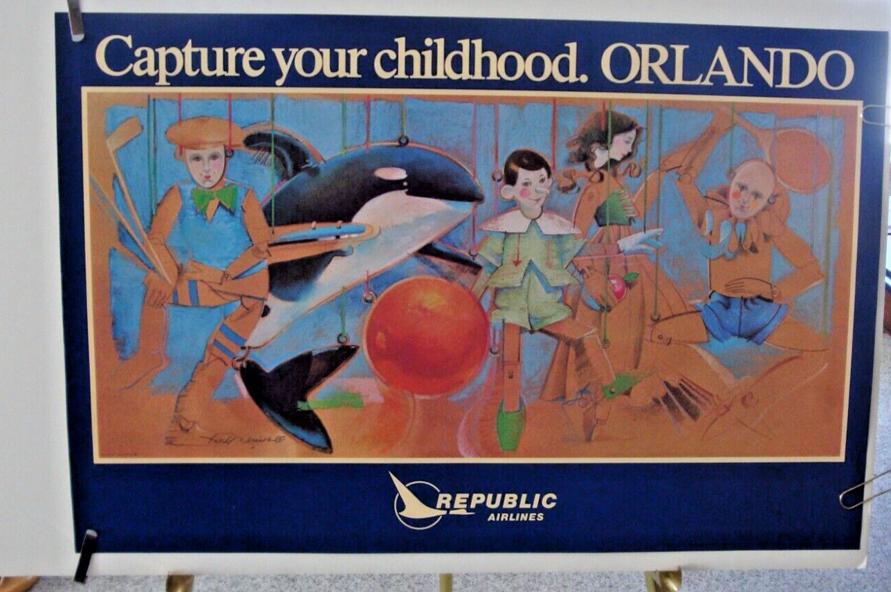REPUBLIC AIRLINES POSTER Orlando Florida ARTIST SIGNED 1980’s ORIGINAL DELTA