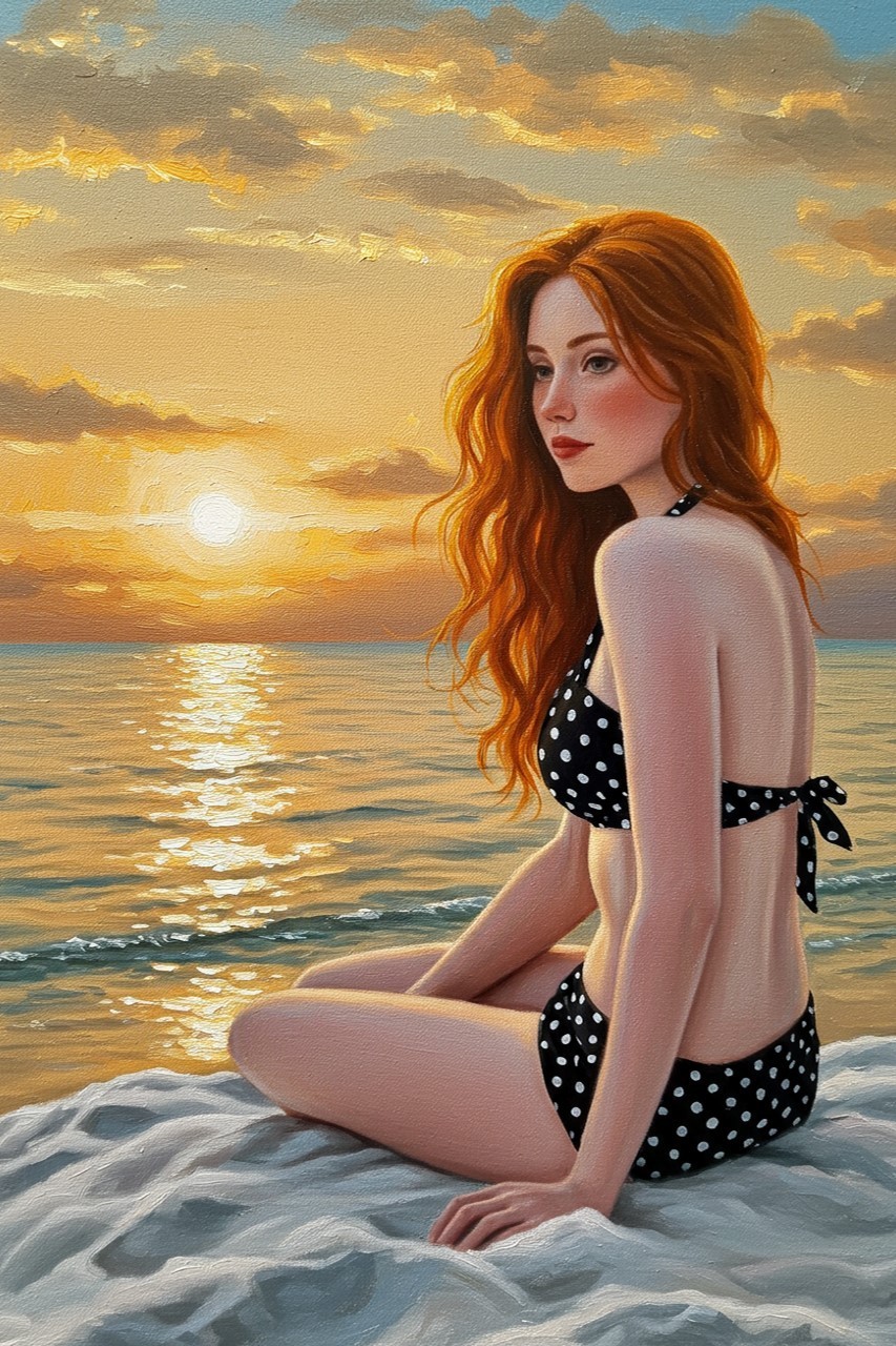 Hot Girl Sitting At Beach Wall Art Print Painting Printed On Canvas Artprint