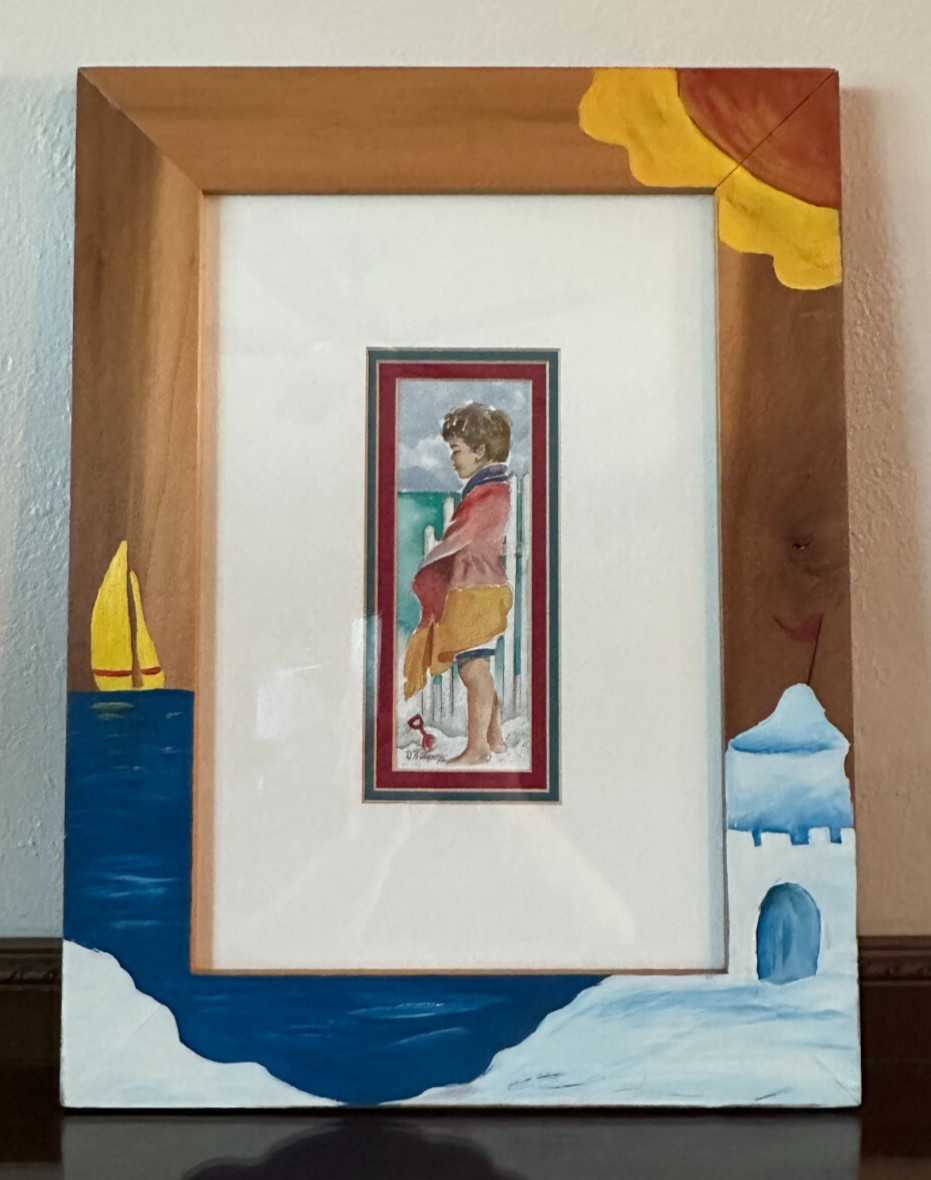 Donna Burgess Watercolor Child Beach 21 x 16” Signed & Hand Painted Frame