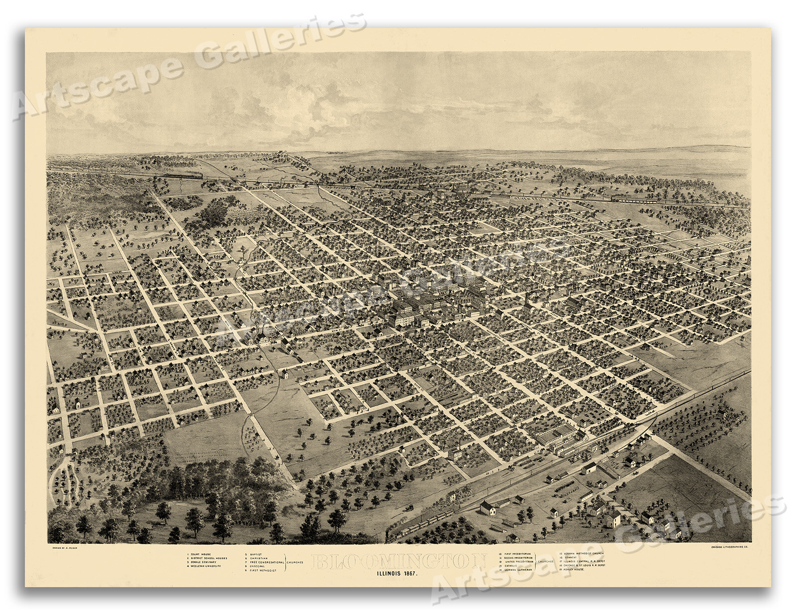Bloomington Illinois 1867 Historic Panoramic Town Map – 24×32