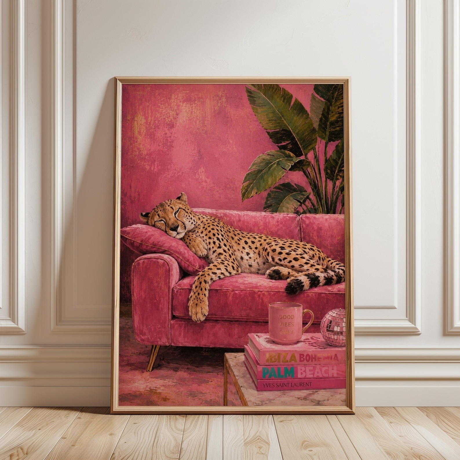 Sleepy Leopard Poster Pink Animal Print Modern Glam Home Wall Decor Art