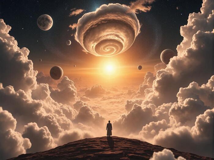 A Lone Figure on a Cliff Gazes at a Swirling Vortex in the Sky Poster 18 x 24