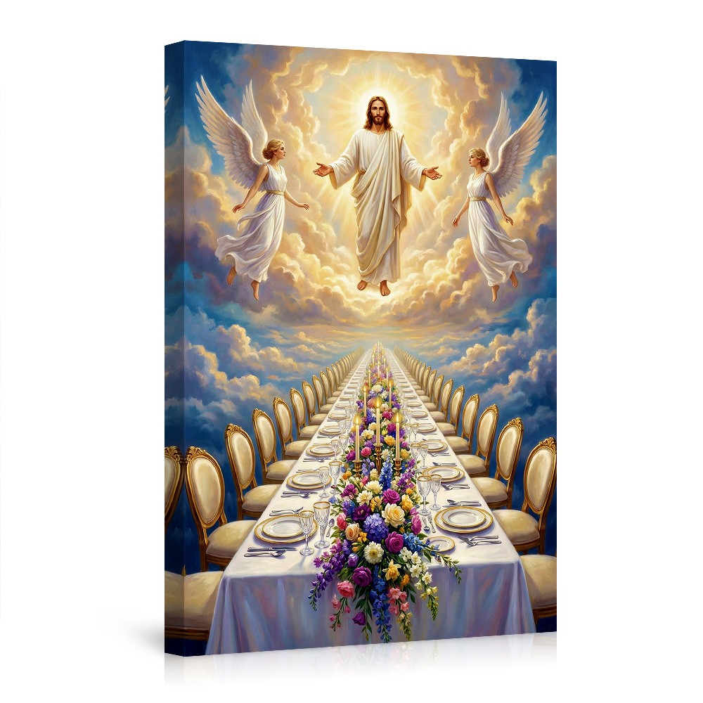 Heavenly Banquet Scene Jesus with Angels Canvas Poster Wall Art Religious Decor