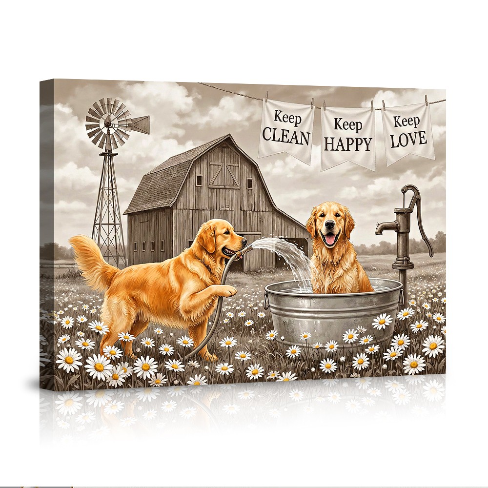 Golden Retriever Bathing Scene Farmhouse Wall Art Poster Canvas,Keep Clean
