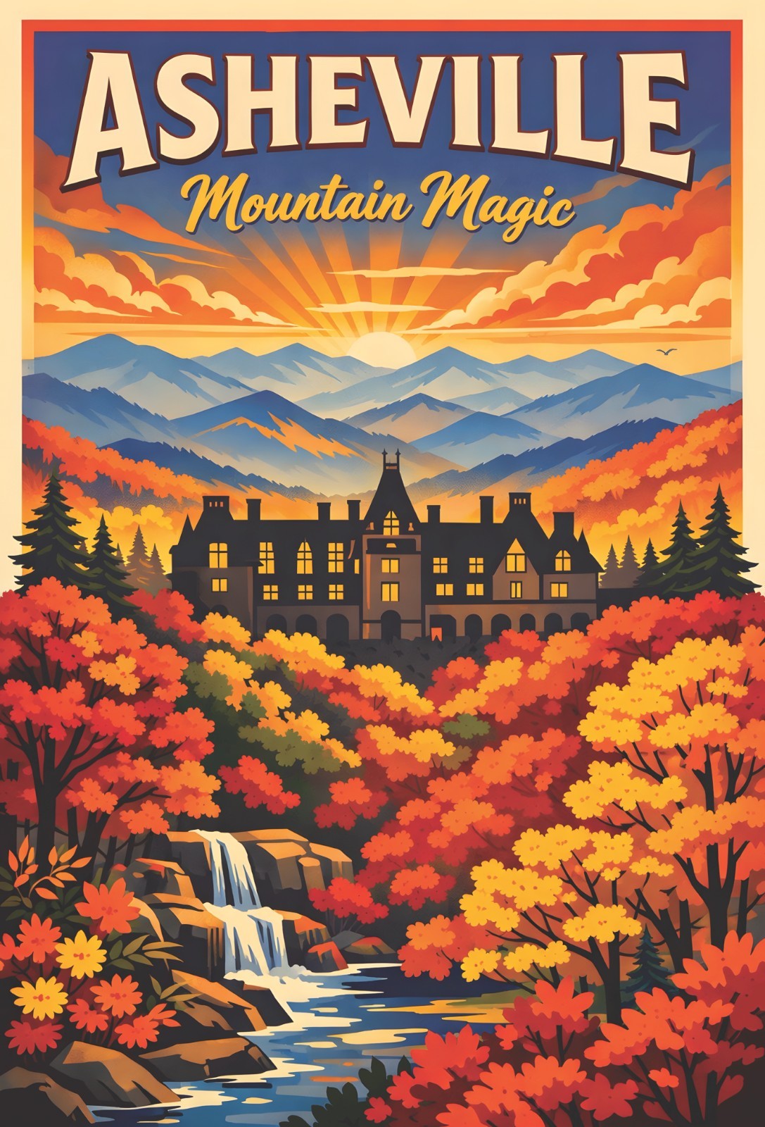 Asheville Mountains North Carolina USA Retro Travel Poster Print Wall Art