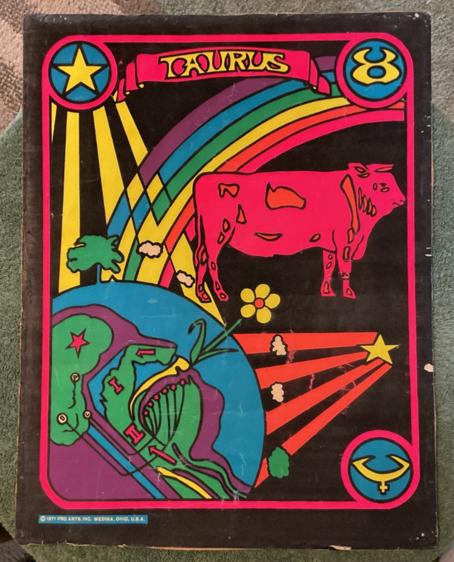 Vintage 1971 Pro Arts Taurus Zodiac Blacklight Poster 16″ x 21″