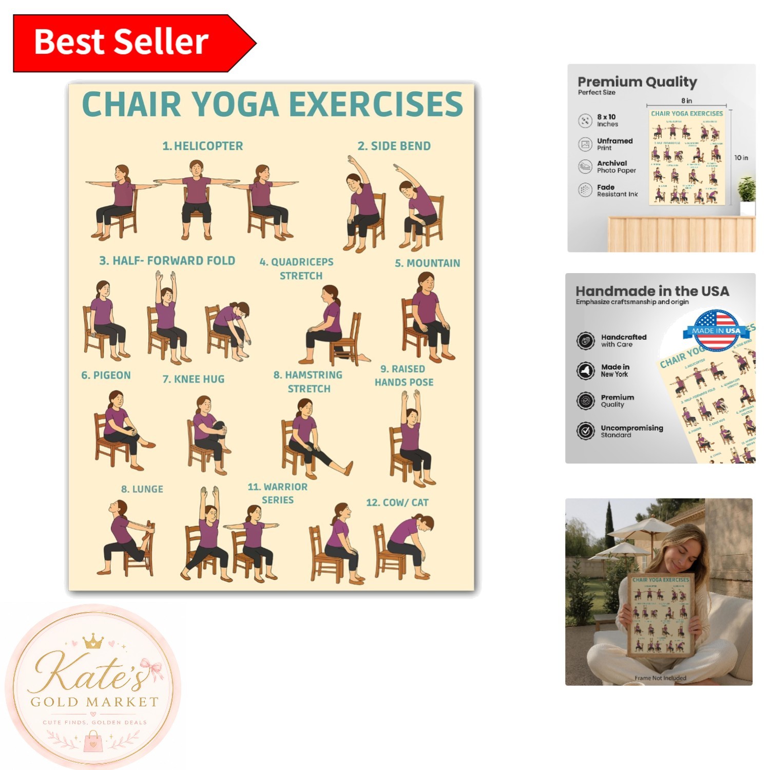 Chair Yoga Exercises Poster – 8×10 Unframed Guide for Seniors’ Wellness
