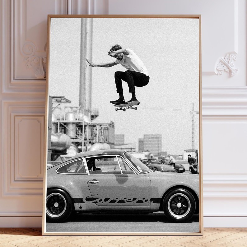 Vintage Skateboarder Jumping Over Porsche 911 Black And White poster