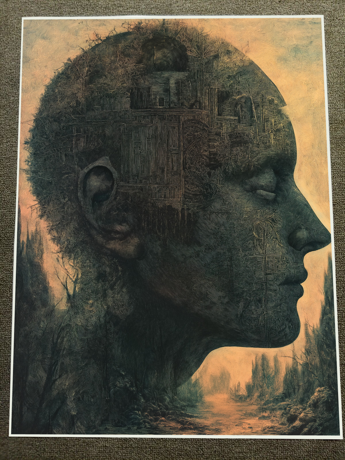 Surreal Landscape of Female Silhouette with Abstract Architecture Poster 18x24in