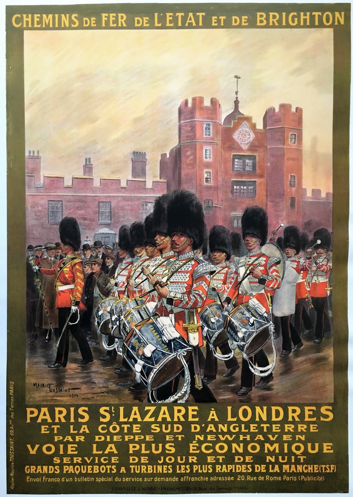 Paris, St Lazare, London, Dieppe, Newhaven, Rare 1914 French Railway Poster