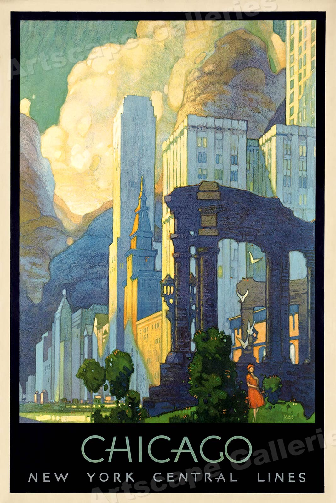 1920s Chicago NY Central Lines Art Deco Vintage Style Travel Poster – 16×24