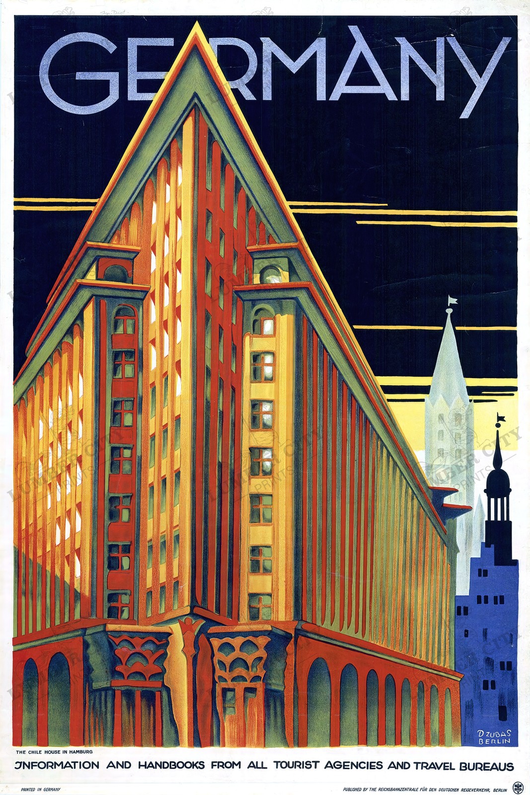 Germany Hamburg Chile House 1935 Dzubas Art Deco Travel Poster Wall Art