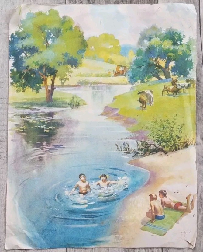 Vintage Educational POSTER Soviet, Children’s Recreation on the River.