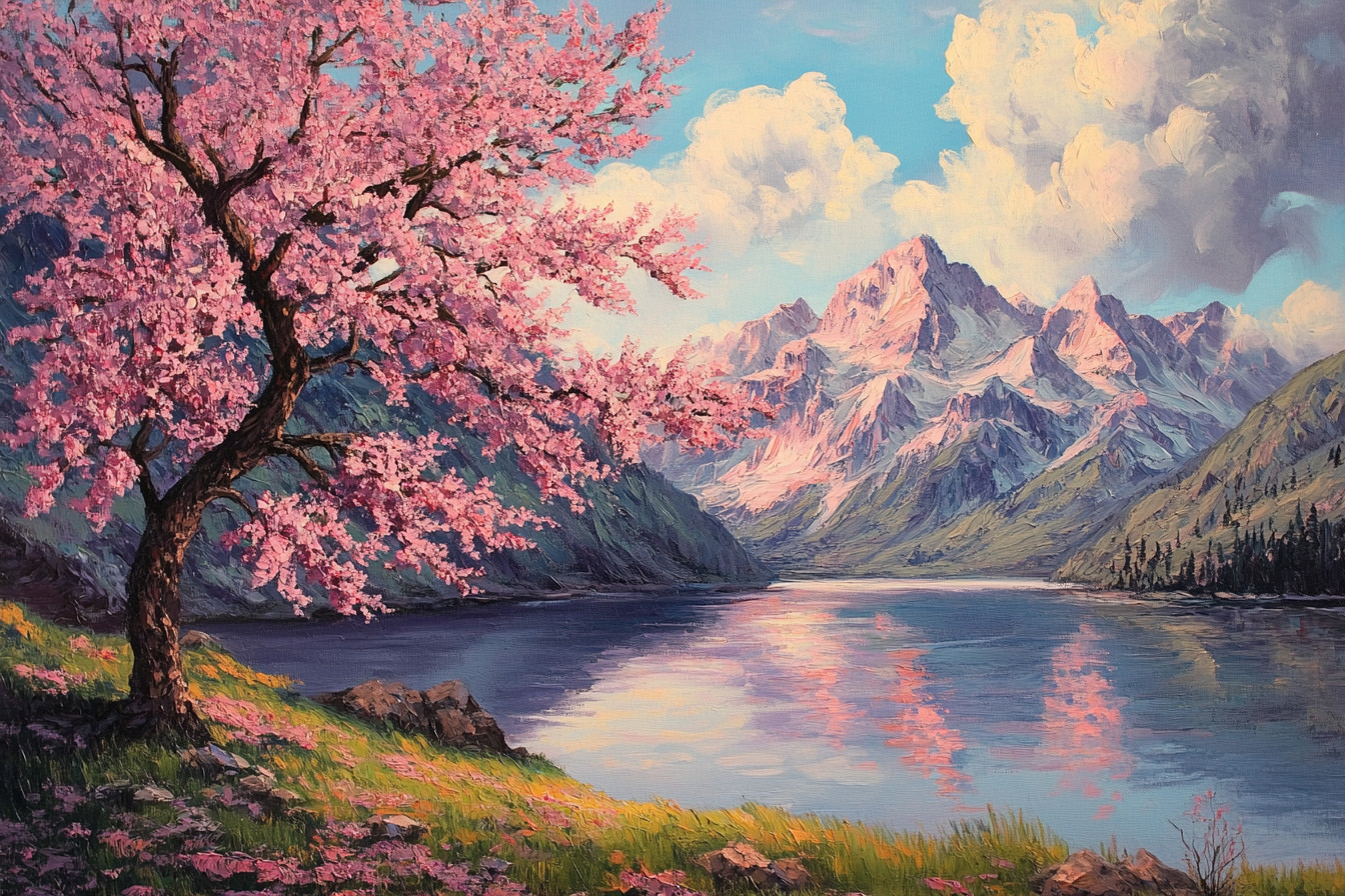 Pink Leaves Trees Lake Landscape Oil Painting Wall Art Print Canvas Artprint