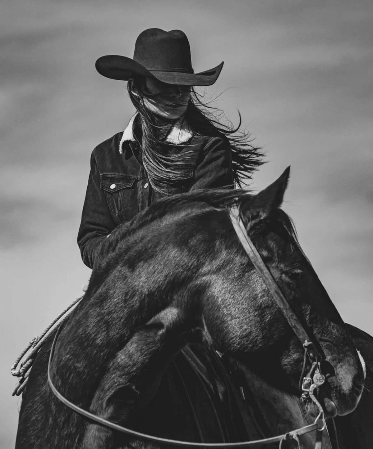 Western Cowgirl on Black Horse Monochrome Equestrian Art Poster