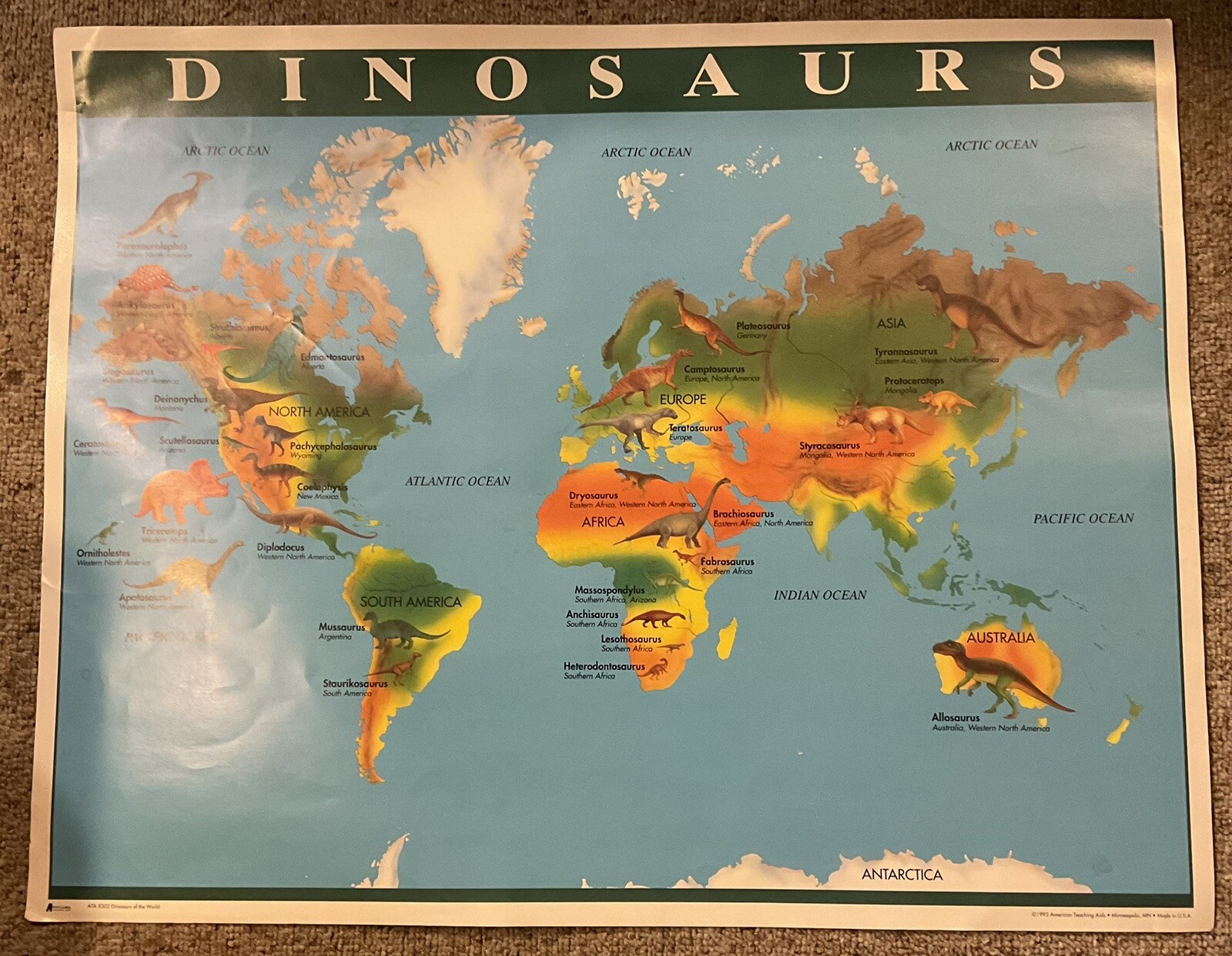 Two DINOSAUR POSTERS 22×28 American Teacher Aids 1993 ALIVE/WORLD MAP Cretaceous