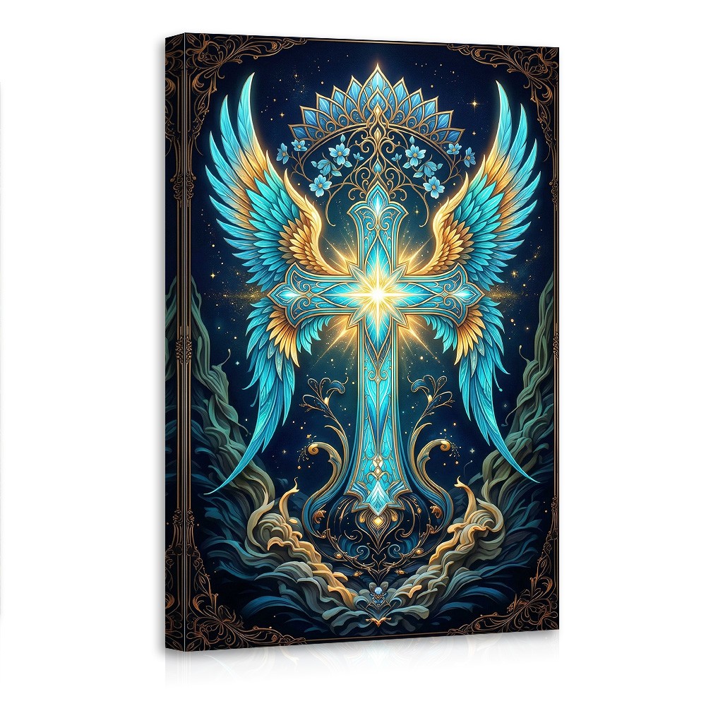 Radiant Angel Wings Cross Canvas Wall Art Blue Gold Spiritual Home Decor Poster