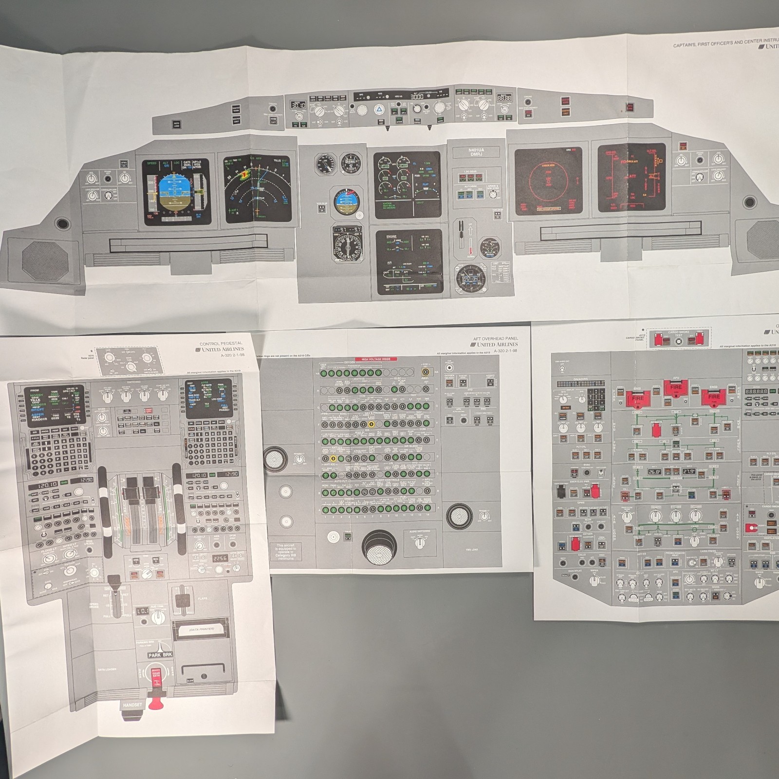 United Airlines Airbus A320 Cockpit Panel Diagrams 4-Chart Set N401UA 1998