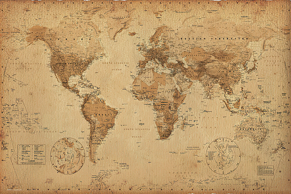 Antique Style World Map – Poster / Print (Size: 36″ X 24″) (Sepia / Brown)