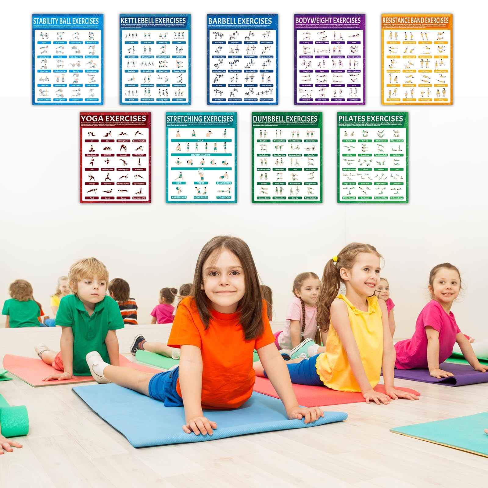 9Pcs Exercise Poster Set Workout Chart Posters Dumbbell Kettlebell Yoga Stret…