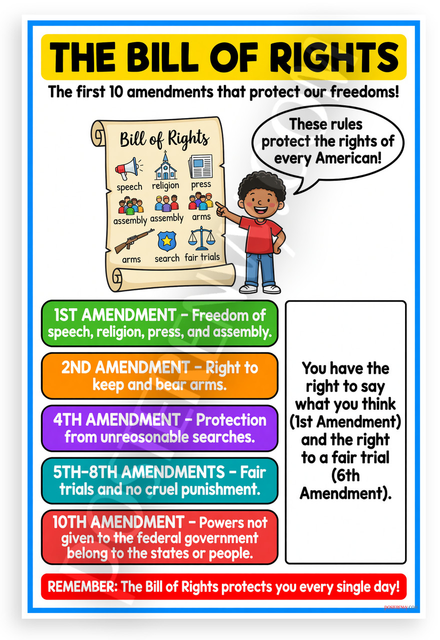 Bill of Rights Amendments Educational 12×18 Poster