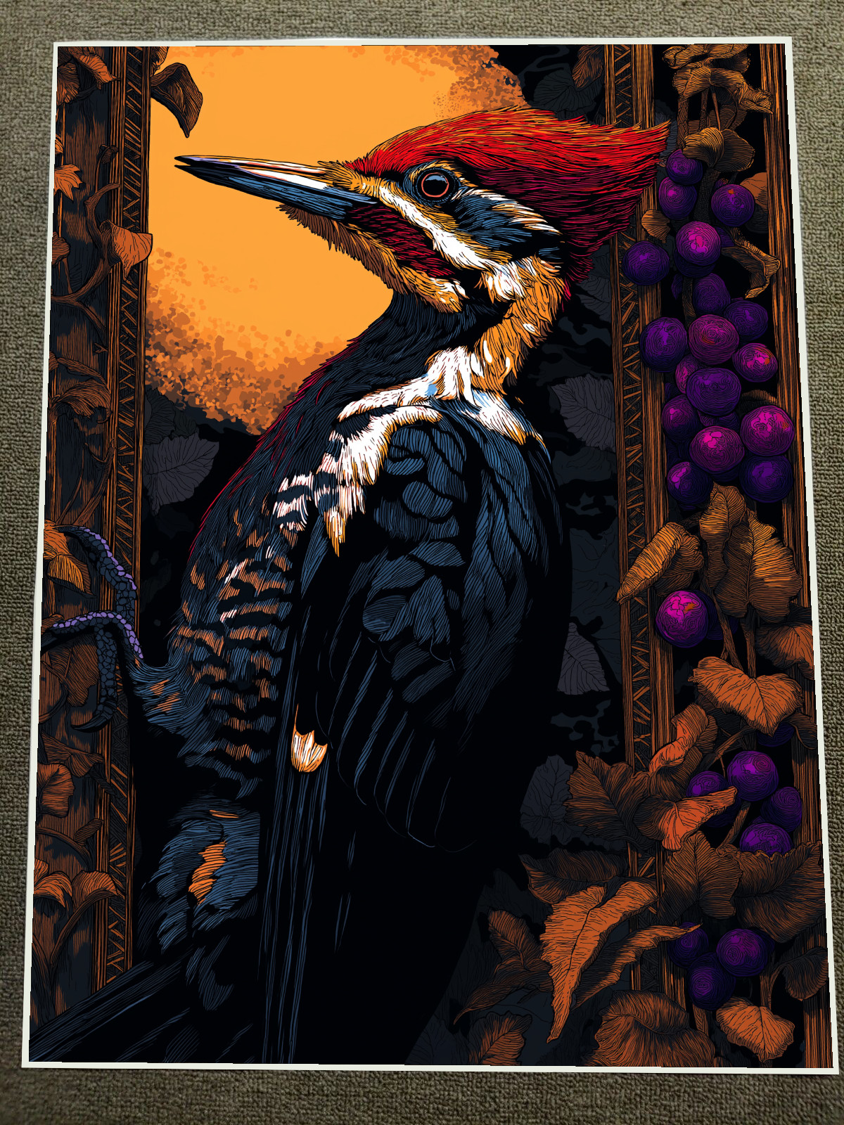 Pileated Woodpecker with Orange Moon and Grapes Poster 18x24in