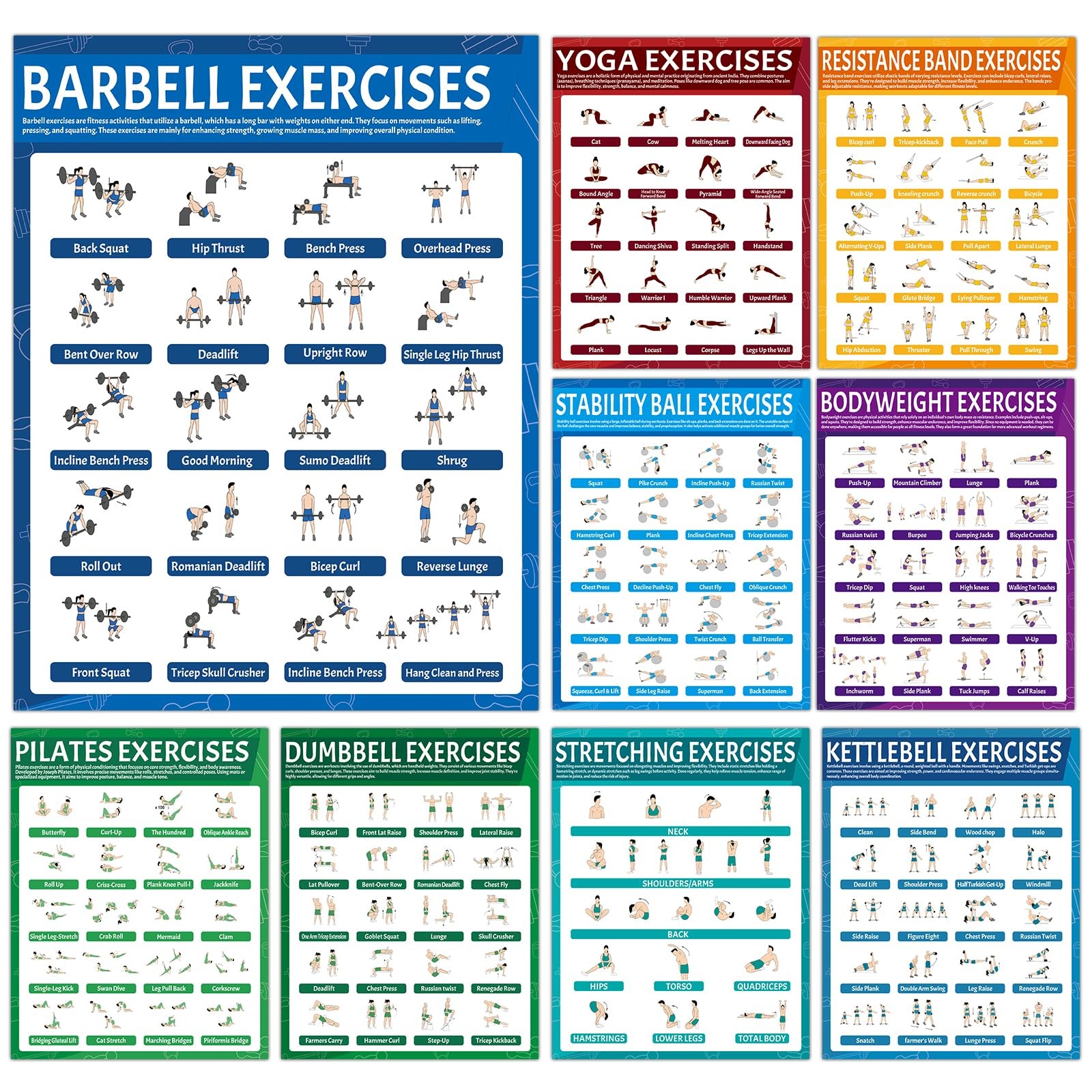 9Pcs Exercise Poster Set Workout Chart Posters Dumbbell Kettlebell Yoga Stret…