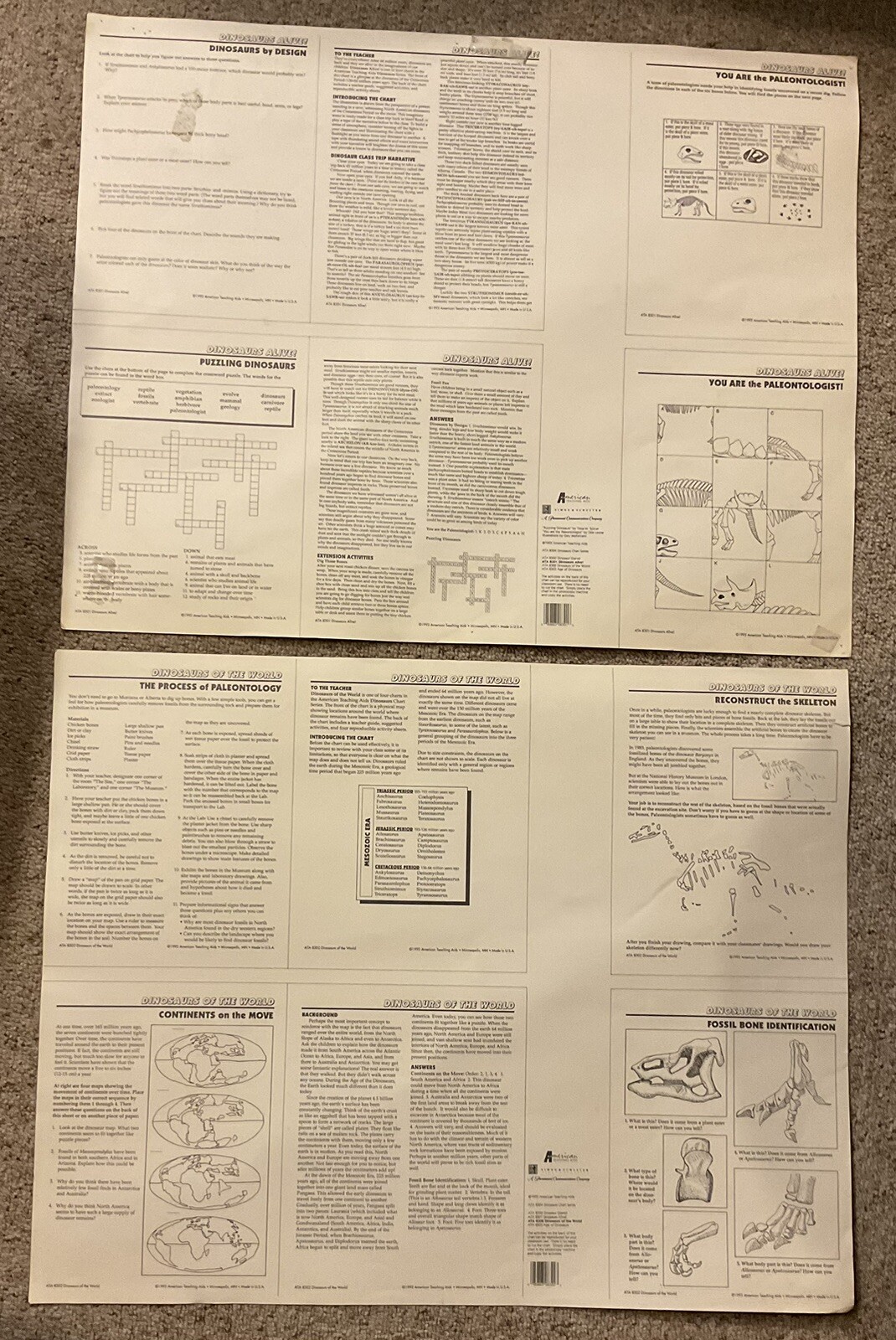 Two DINOSAUR POSTERS 22×28 American Teacher Aids 1993 ALIVE/WORLD MAP Cretaceous