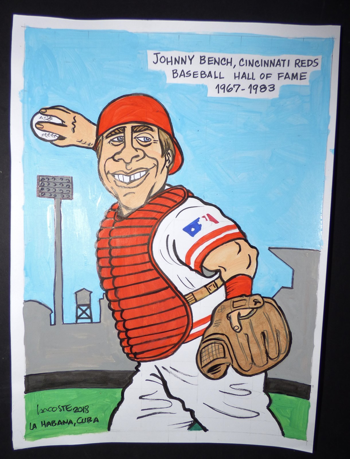 Original Cuban Drawing JOHNNY BENCH Baseball Hall of Fame CINCINNATI REDS / Cuba