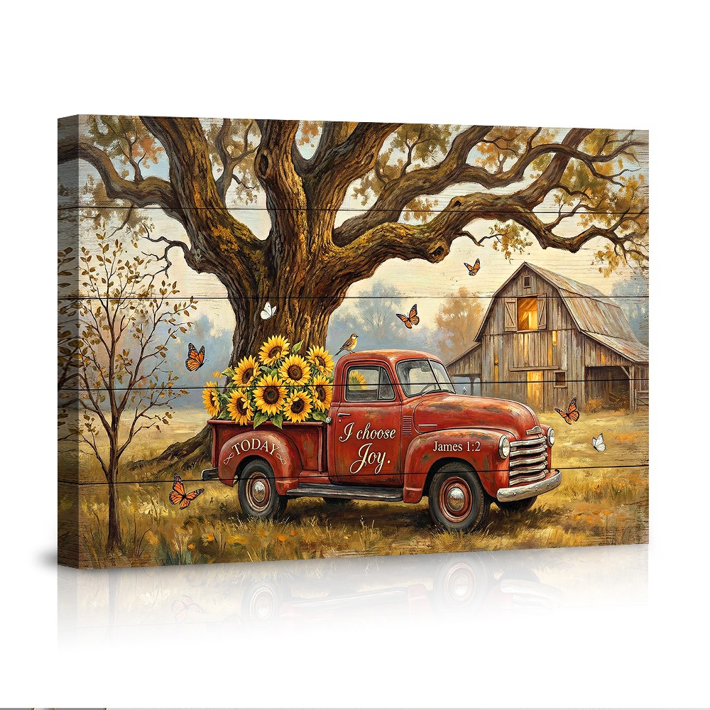 Rustic Red Truck Sunflowers Barn Wall Art Poster Christian Quote James 1:2