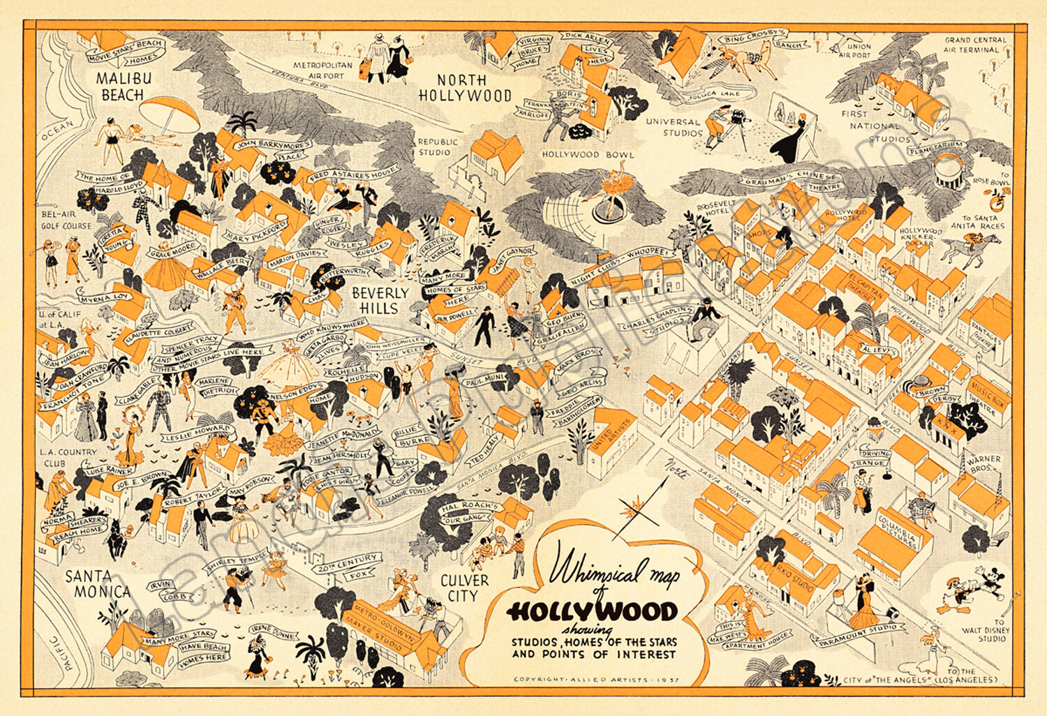 Whimsical Map of Hollywood Studios & Stars Homes – Classic 1937 Poster