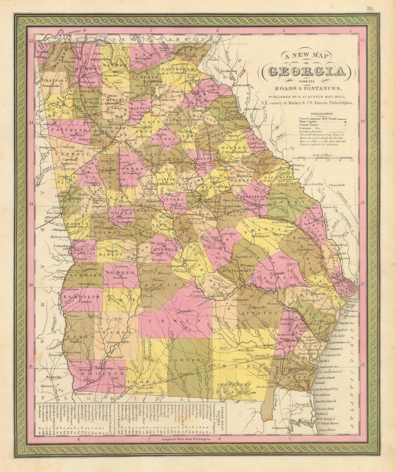 New Map Of Georgia With Roads & Distances 1846 Vintage Historic Map Poster Print