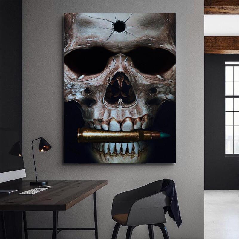 Abstract Black Skull with Bullet Wall Art Canvas Painting Posters and Print Wall