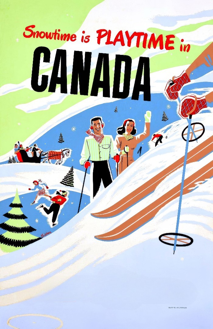 Snowtime In Canada Winter Sports Ski Skiing Vintage Travel Poster Print