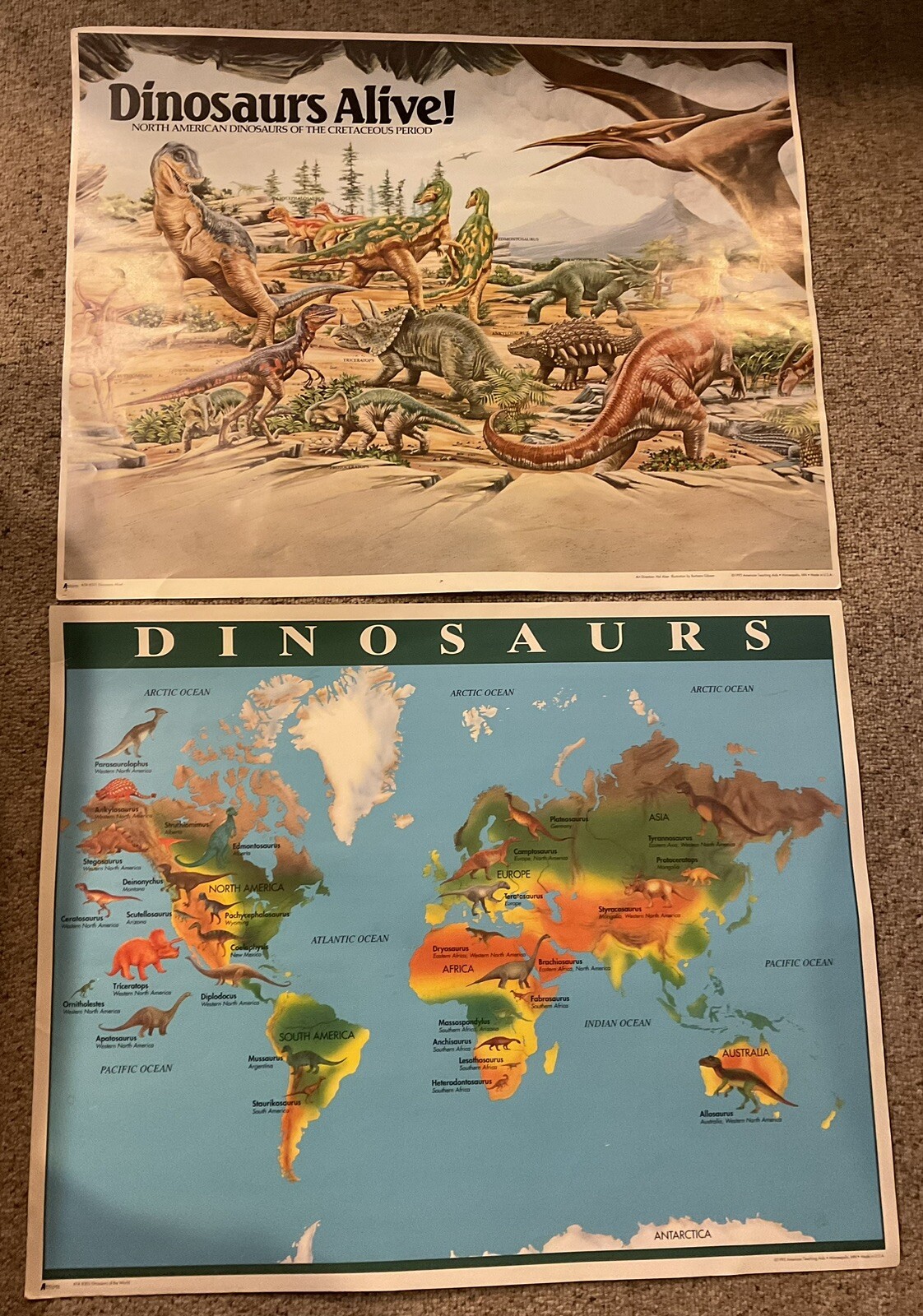 Two DINOSAUR POSTERS 22×28 American Teacher Aids 1993 ALIVE/WORLD MAP Cretaceous