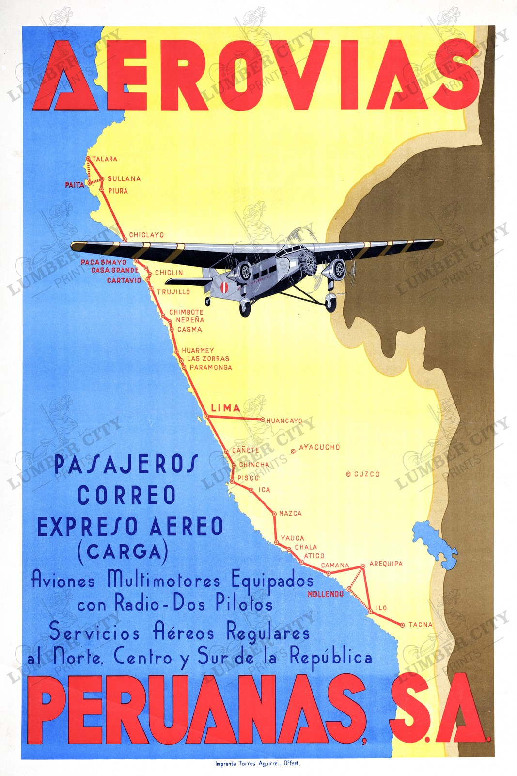 Aerovias Peruanas S.A. Peru 1937 Travel Poster Wall Art Print Retro