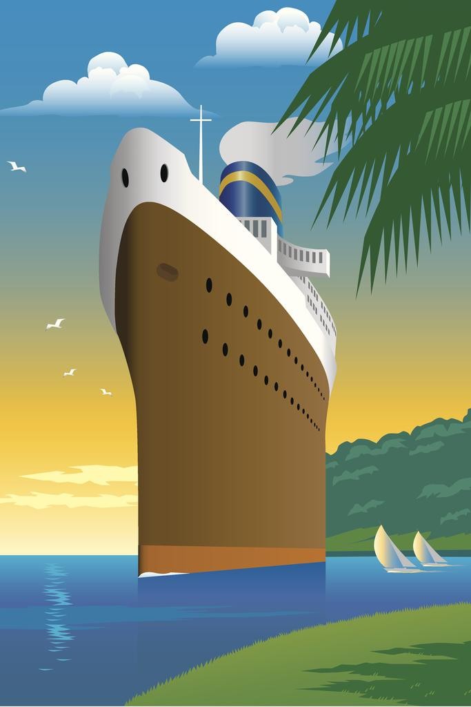 Cruise Ship Ocean Liner Vintage Travel Illustration Tropical Beach