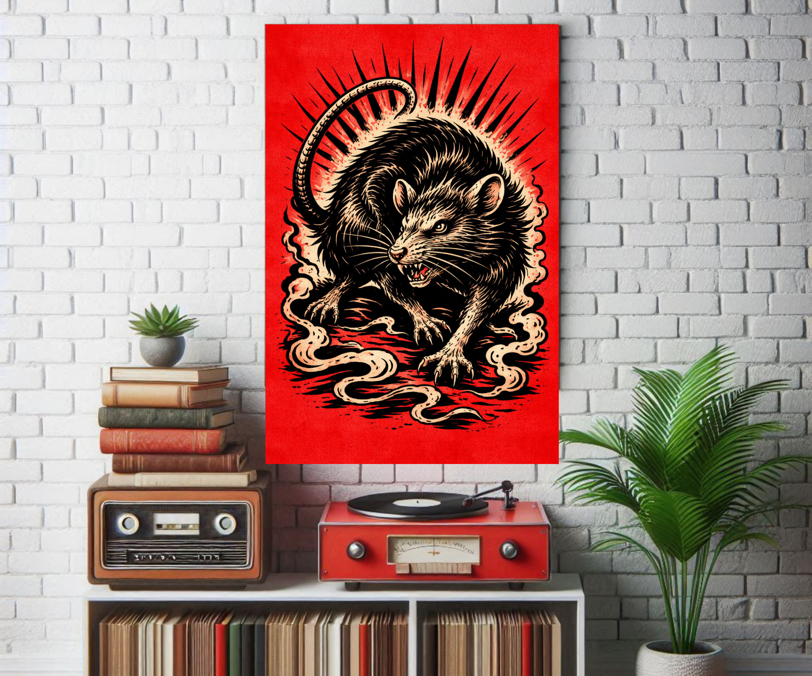 Tattoo Style Rat Poster, Black Ink Rat Art on Red, Dark Animal Art 13 X 19