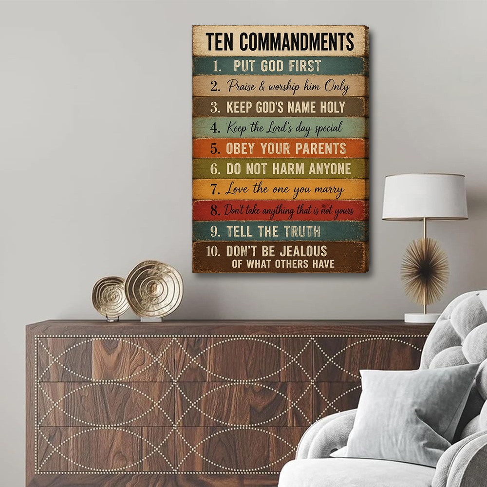 Ten Commandments Wood Plank Canvas Poster Wall Art Home Decor Sign Rules