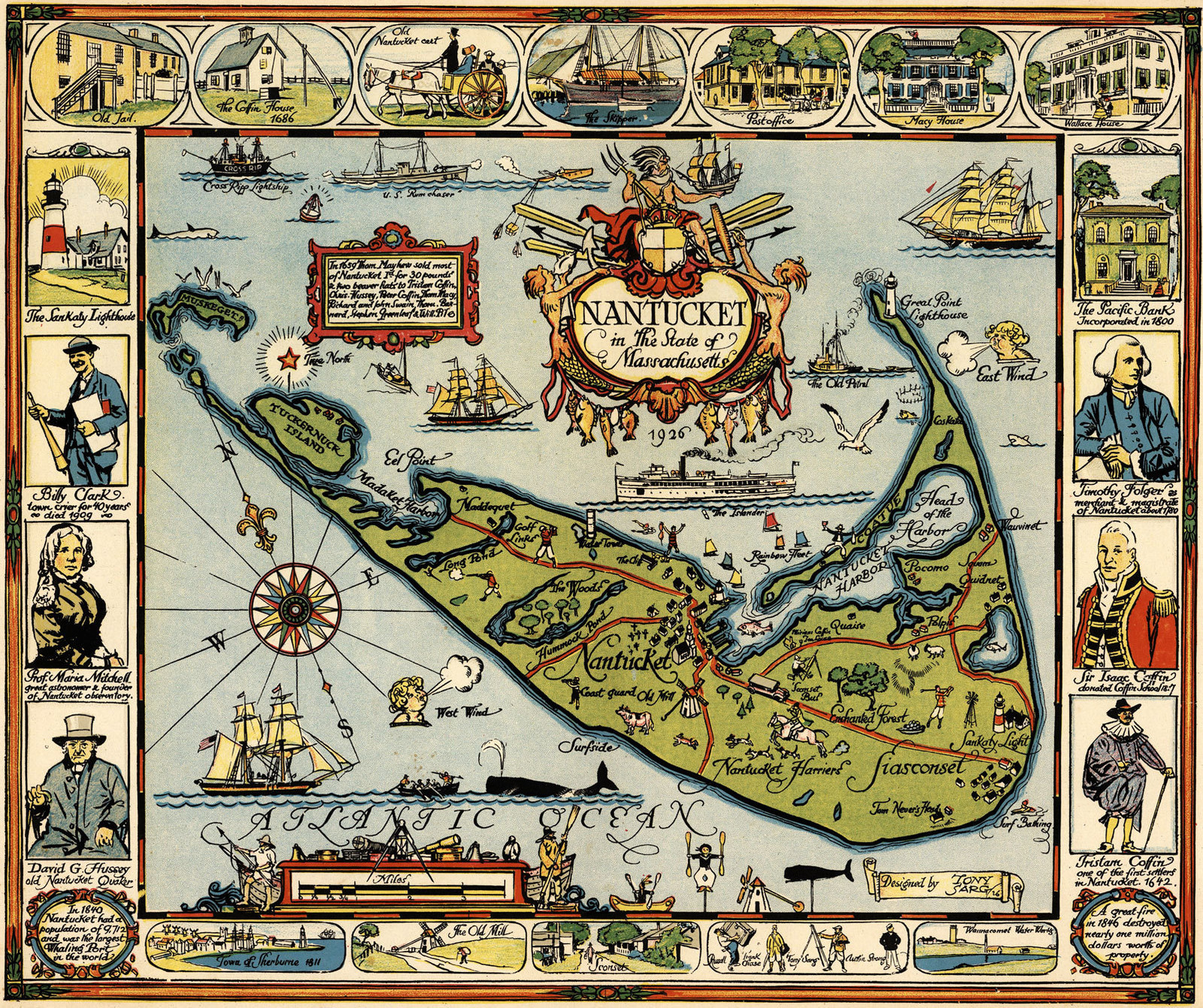 Pictorial 1926 Nantucket Massachusetts Map Wall Art Poster Print Vintage History