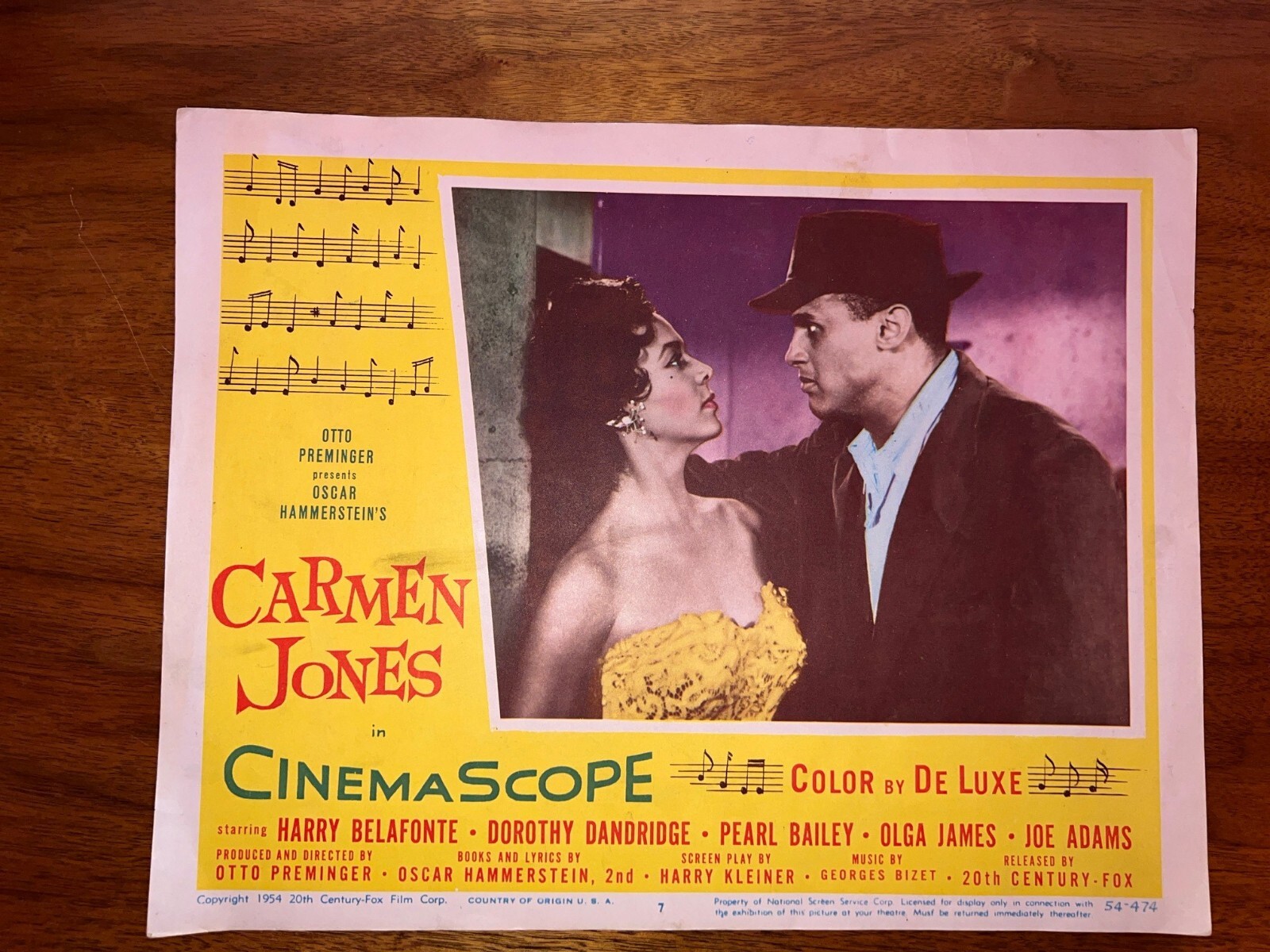 11″ X 14″ color lobby card of Carmen Jones w/ Belafonte and Dandridge