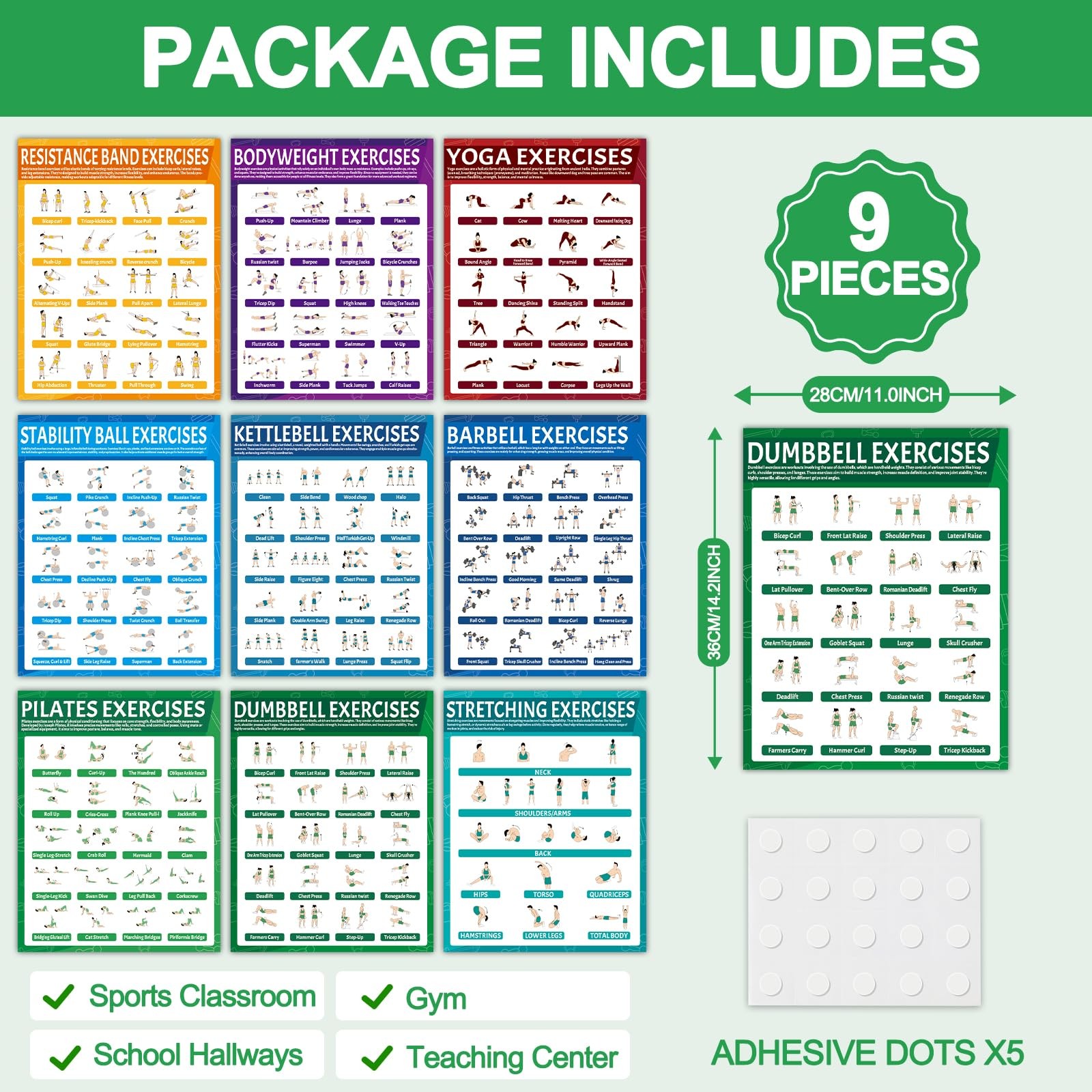 9Pcs Exercise Poster Set Workout Chart Posters Dumbbell Kettlebell Yoga Stret…