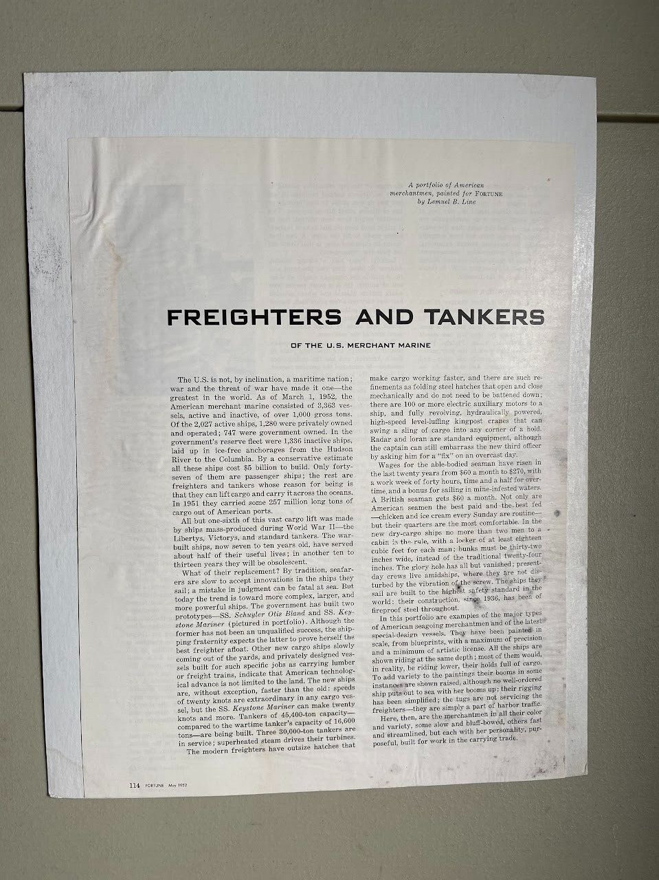 May 1952 Fortune Magazine Merchant Marine Freighters and Tankers 2 Sided Poster