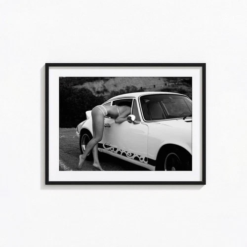 Classic Sports Car Woman Black and White Photography Poster