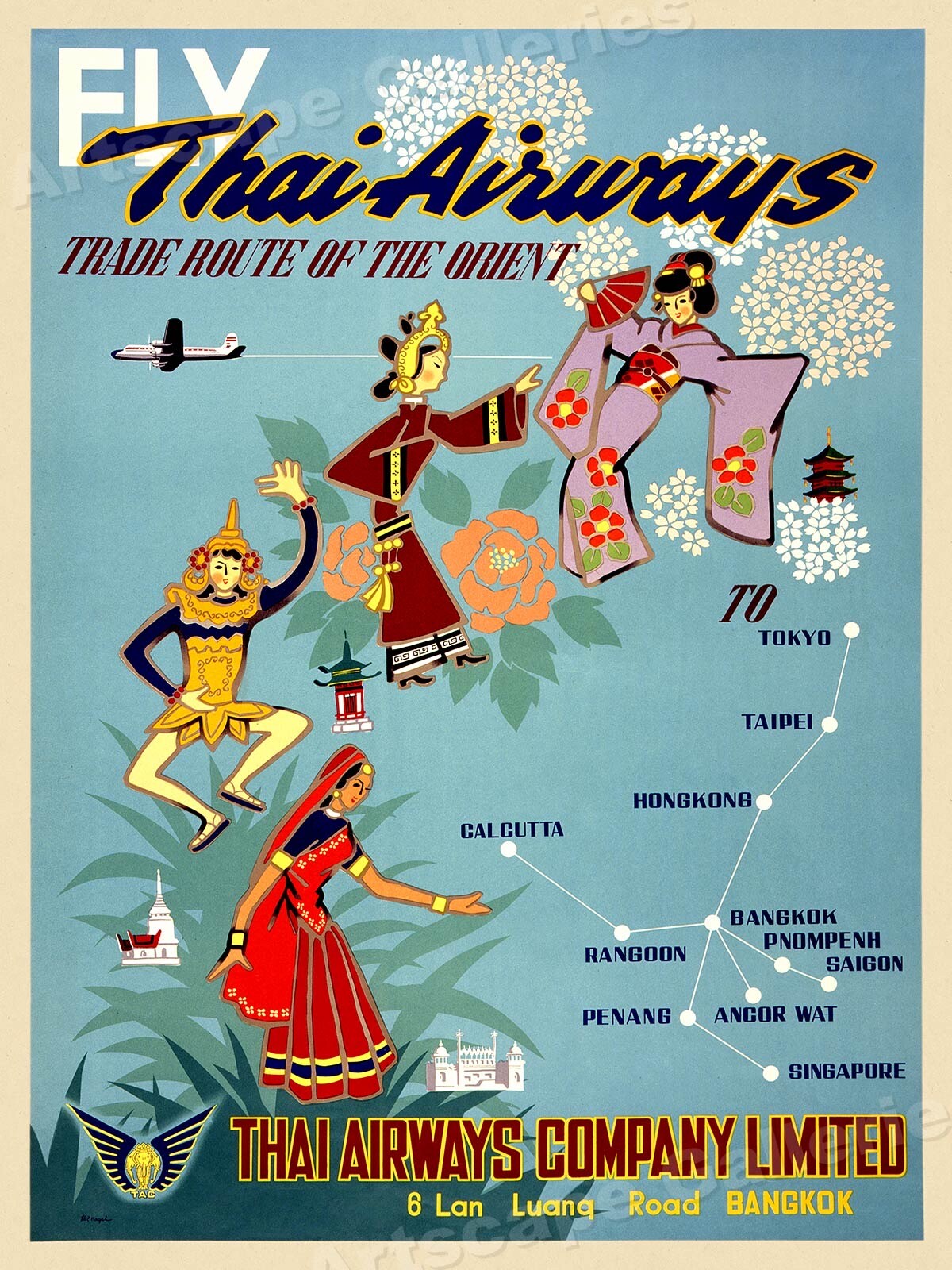 1950s See Thailand via Thai Airways Vintage Style Travel Poster – 18×24