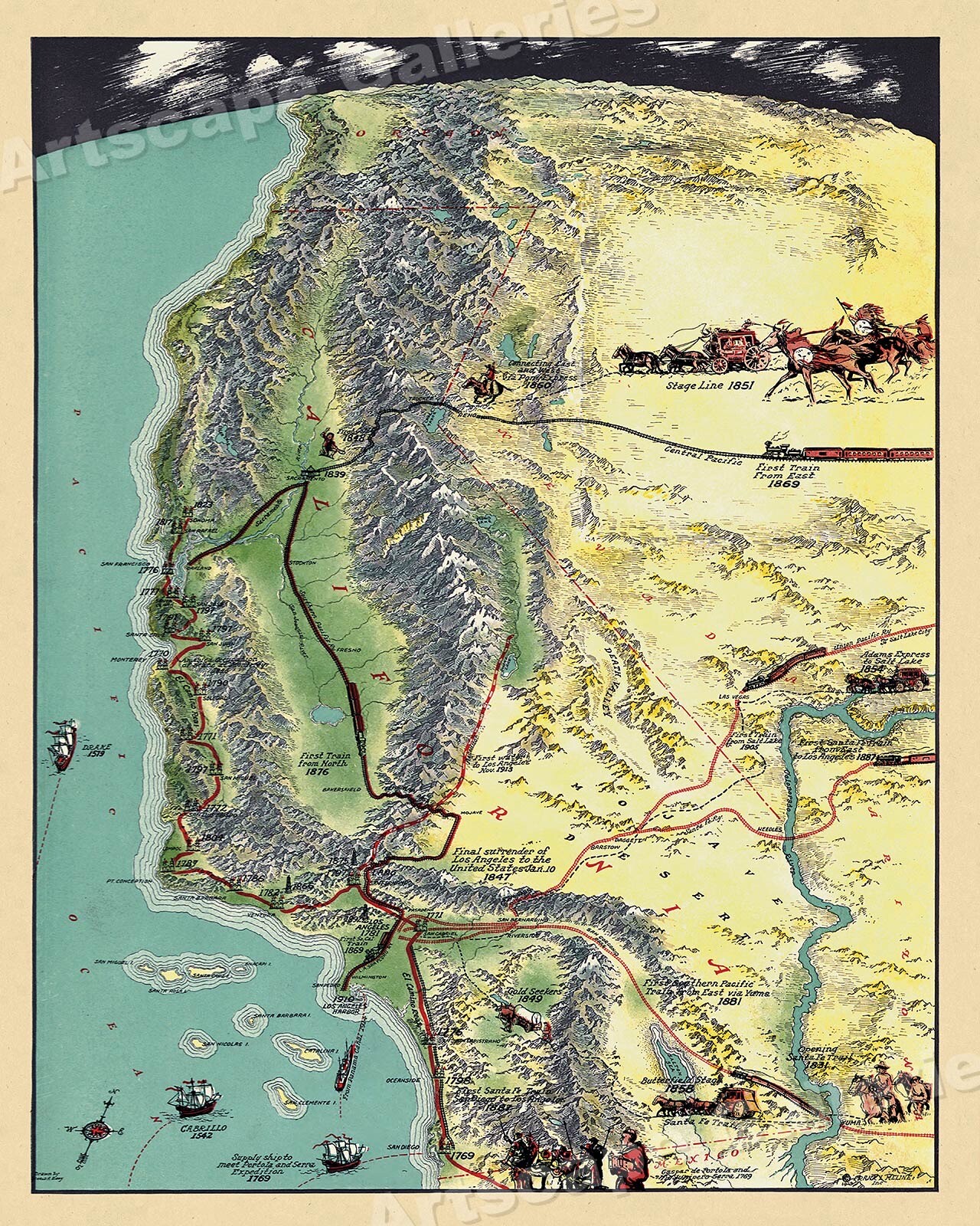 1929 Historical Map of California Events – 24×30