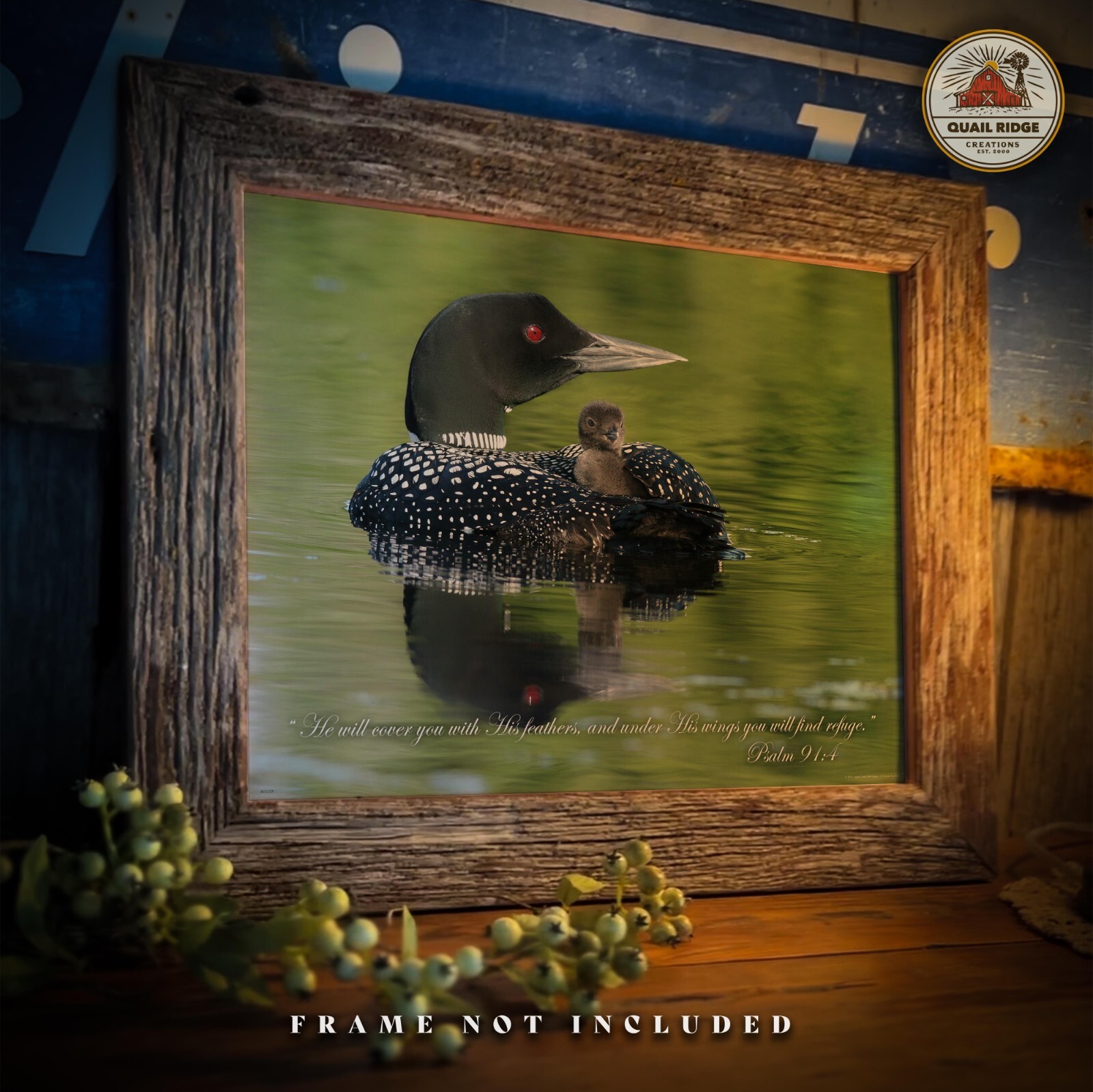 Religious Inspirational Common Loon Art Print Bible Psalm 91:4 Cabin Wall Decor